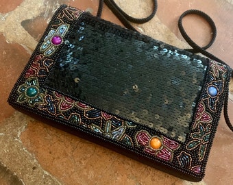 Vintage La Regale Hand Made Black Satin Black Sequin Colored Beads Handbag Evening Bag