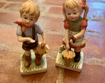 Vintage Boy and Girl Figurines Holding Umbrellas Made in Taiwan