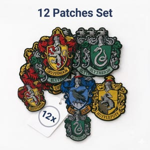 May include: A set of 12 embroidered patches featuring the four house crests from the Harry Potter series, including Gryffindor, Slytherin, Ravenclaw, and Hufflepuff. Each shield-shaped patch displays its respective animal mascot and house name.