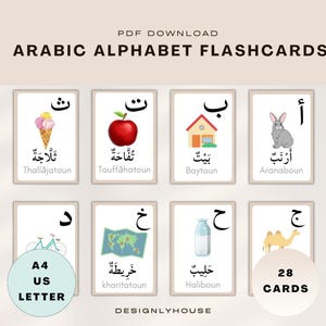 Carte flash Alphabet Arabe avec illustartion, vocabulaire arabe, apprentissage de l’arabe, ressources éducative, premiers mots en arabe