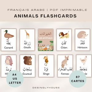 Lernkarten mit Tieren auf Französisch und Arabisch, Erinnerungskarten mit Tieren, Arabisch lernen, Lernmethode für Kinder, 82 PDF-Karten