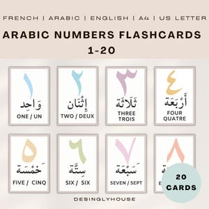 flashcards chiffre arabe, nombre arabe, chiffre en français anglais et arabe, chiffre de 1 à 20, carte éducative A4 et Us Letter, pdf