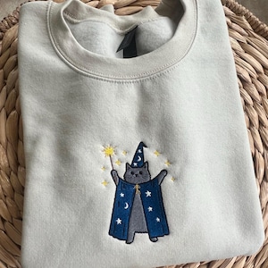 Embroidered Black Cat Wizard Crewneck - Halloween Sweatshirt - Men&#39;s Women&#39;s Unisex - Fall Cozy