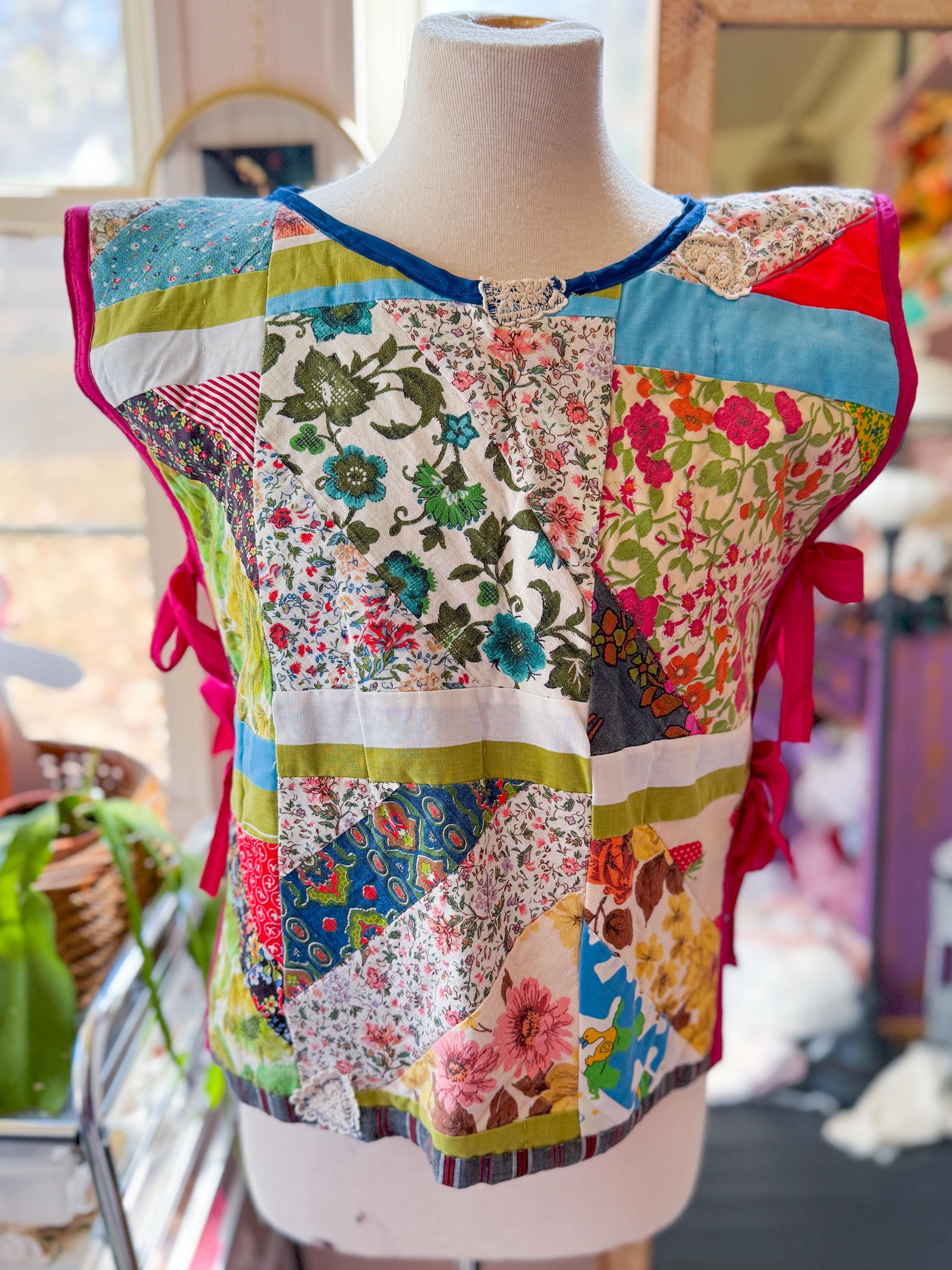 Upcycled Vintage Patchwork Quilted Apron Side Tie Vest, Boho Patchwork ...