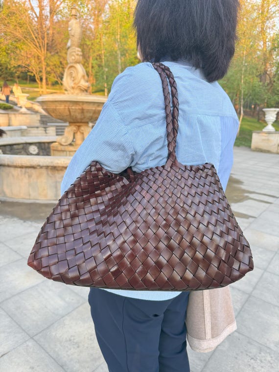 Women's Handwoven Pure Leather Tote Bag & Clutch Set - Burgundy Crossbody Shoulder Bag With Knotted Detail
