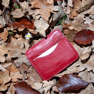 May include: A red leather cardholder with several card slots, set amongst fallen autumn leaves. The cardholder has a minimalist design and a white interior. A small white daisy is visible.