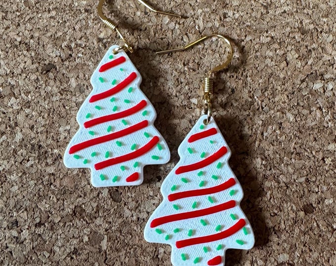 Featured listing image: 3D Printed Christmas Tree Cake Earrings • Festive Holiday Charm