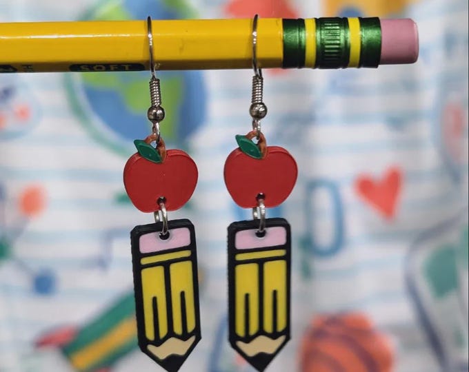 Featured listing image: Apple & Pencil Earrings – Back to School Teacher Jewelry