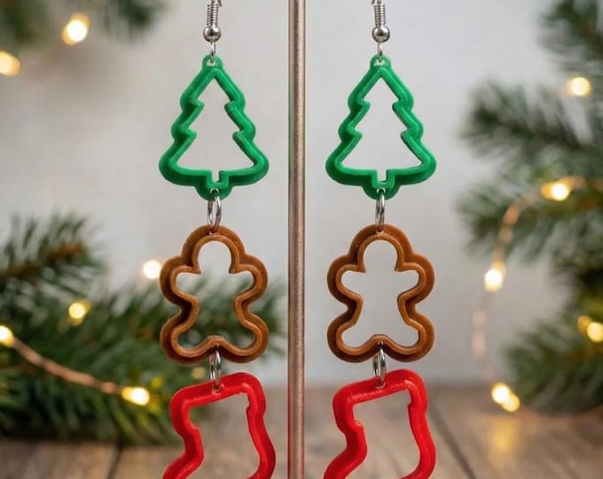 Featured listing image: Christmas Cookie Cutter Earrings • Holiday Triple Dangle Jewelry • Gingerbread Tree Stocking Earrings