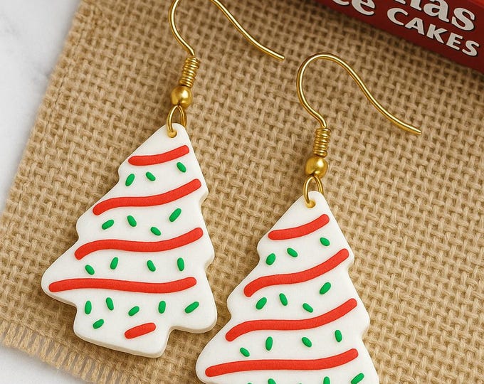 Featured listing image: Little Debbie Christmas Tree Cake Earrings – 3D Printed Holiday Jewelry