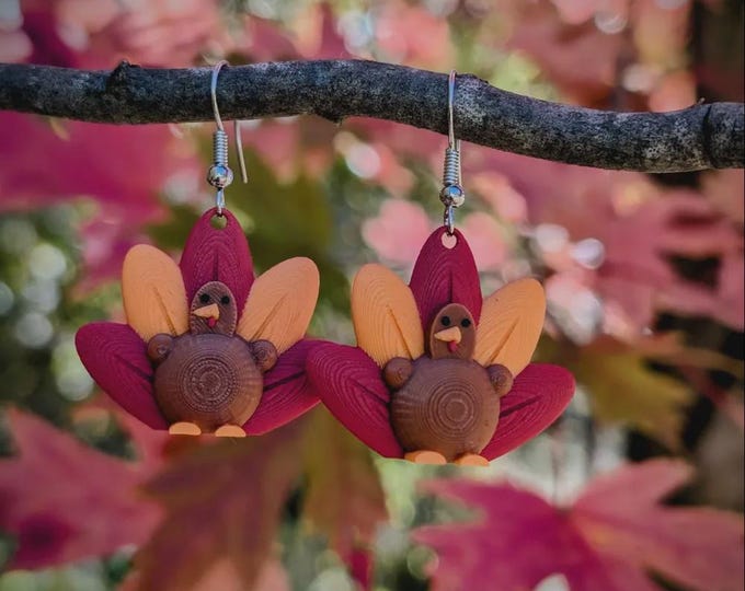 Featured listing image: Thanksgiving Turkey Earrings – Festive 3D Printed Fall Jewelry
