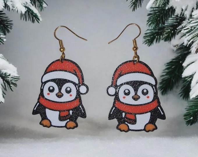 Featured listing image: 3D Printed Penguin Earrings: Festive Santa Hat Holiday Jewelry