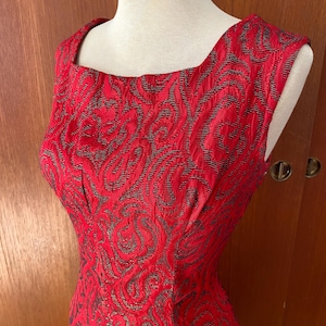 Waist 31.1&quot; True vintage 1960s red/silver/gold brocade cocktail dress!