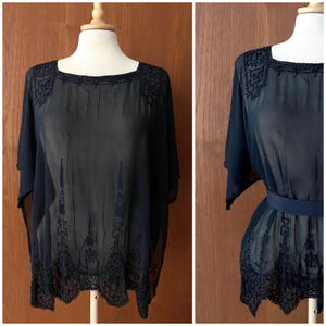 True vintage 1920s embroidered black silk chiffon tunic, Downton Abbey!