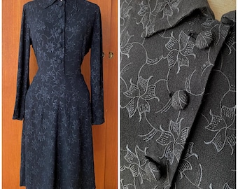 W30&quot; True vintage 1940s black rayon shirtwaist A-line dress!