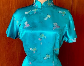 Waist 29.9" True 1950s turquoise brocade satin cocktail dress!