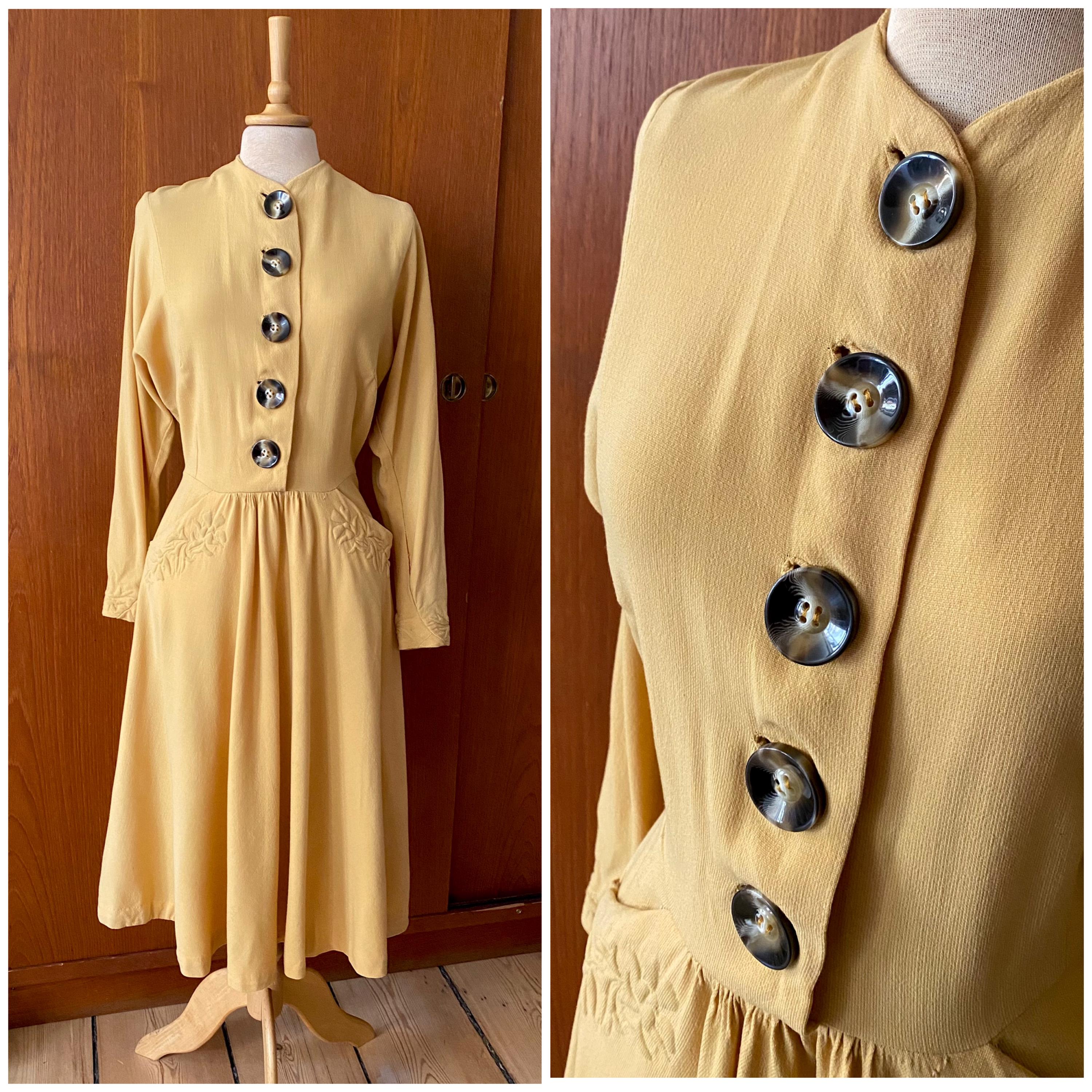 Waist 30.4" True vintage 1940s mustard yellow wool shirtwaist soutache details dress with issues!