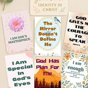 May include: A collection of inspirational cards with various designs and messages. One card features a pink flower, another says "The Mirror Doesn't Define Me," and others have phrases like "I Am Special In God's Eyes." The cards are decorated with floral and nature-themed elements.