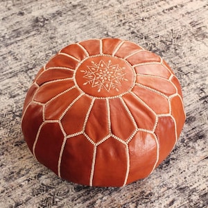 Handmade Moroccan Leather Pouf: Embroidered Tan Ottoman, Boho Floor Cushion
