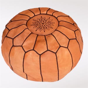 Artisan Moroccan Leather Ottoman – Tan Boho Décor