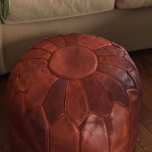 Moroccan Leather Pouf – Handmade Round Ottoman, Tan Leather Footstool, Boho Home Décor.