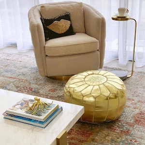 Handmade Moroccan Leather Pouf: Embroidered Tan Ottoman, Boho Floor Cushion