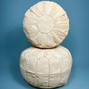 Moroccan Leather Pouf – Handmade Round Berber Ottoman, Tan Leather Footstool, Boho Home Decor