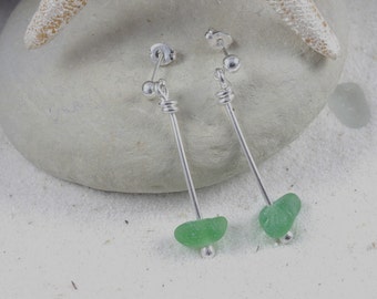 Green genuine sea glass earrings- A'Lure
