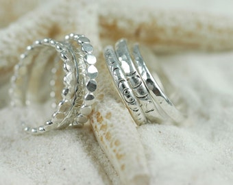 THREE Solid Sterling Silver Textured Stacking Rings - Made to Order