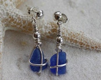 Sea Glass Earrings - Sterling Wire Dangle Earrings with Stud or French Wire - "Tie the Knot"