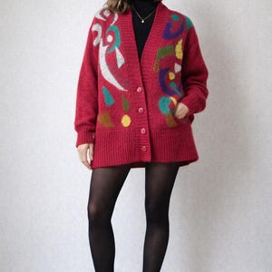 Cárdigan vintage SKVT para mujer, talla L, mezcla de lana en color rojo frambuesa, suéter de punto abstracto