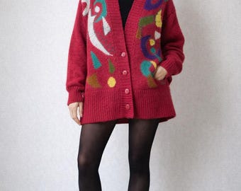 Vintage SKVT Cardigan Women's L Raspberry Red Wool Blend Abstract Knit Sweater