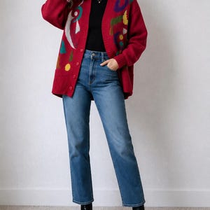 Cárdigan vintage de los 80 SKVT Abstract, suéter llamativo de mezcla de lana color rojo frambuesa para mujer, talla L