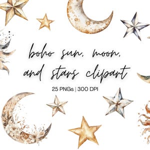 Boho Clipart Sun Moon Stars | Celestial Clipart, Boho Moon Clipart, Star Clipart, Bohemian Moon SVG, Sun And Moon PNG, Digital Download