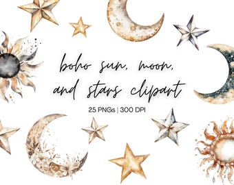 Boho Clipart Sun Moon Stars | Celestial Clipart, Boho Moon Clipart, Star Clipart, Bohemian Moon SVG, Sun And Moon PNG, Digital Download