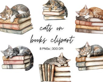 Sleeping Cat On Books Watercolor Clipart | Bookworm Clipart, Cat Kitten Clipart, Cat Reading Book PNG, Library Clipart, Digital Download