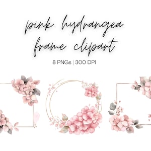 Op de afbeelding: Set van 8 roze hortensia bloemframes met gouden accenten. Deze digitale afbeeldingen zijn perfect om een ​​toets van elegantie aan uw ontwerpen toe te voegen.