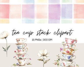 Pacchetto di Clipart di pile di tazze da tè / Clipart di Tea Party, Clipart di tazze da tè, Clipart vintage, Tea Party vintage, Download digitale