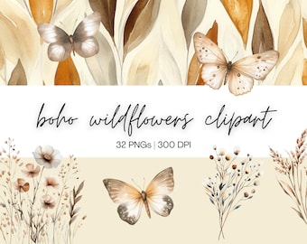 Boho Wildflowers and Butterflies Clipart Bundle | Wildflowers Clipart, Watercolor Flowers, Butterflies Clip Art, Digital Download