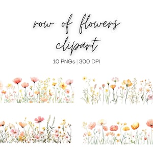 Puede incluir: Un conjunto de clipart digital de 10 filas de flores de acuarela en tonos de rosa, amarillo y blanco. Las flores están dispuestas en una sola fila con tallos y hojas verdes. El texto "row of flowers clipart" y "10 PNGs | 300 DPI" está incluido en la imagen.