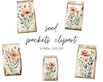 Clipart de paquete de semillas / Paquete de semillas vintage, Paquetes de semillas de flores, Efímeras de jardín, Flores para álbumes de recortes, Clipart de jardín, Descarga digital