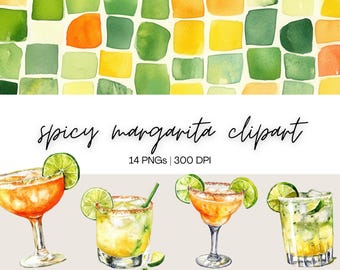 Spicy Margarita Clipart Bundle | Watercolor Cocktail, Drink Illustration, Bar Cocktail Menu, Signature Cocktails, Digital Download