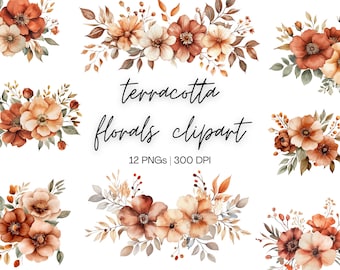 Pack de cliparts floraux en terre cuite | Fleurs en terre cuite, fleurs aquarelles, clipart aquarelle, botanique de mariage, téléchargement numérique