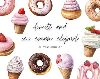 Imágenes prediseñadas de donas y helado / Imágenes prediseñadas de donas, imágenes prediseñadas de postres, imágenes prediseñadas de cupcakes, imágenes prediseñadas de helados, imágenes prediseñadas de dulces, descarga digital