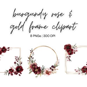 Burgundy Rose And Gold Frame Clipart | Floral Frame Clipart, Floral Gold Frame, Burgundy Flowers, Floral Frames PNG, Digital Download