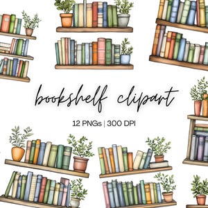 Bookshelf Clipart Bundle | Watercolor Bookshelf Clipart, Bookworm Clipart, Library Clipart, Bookshelf Watercolor, Digital Download