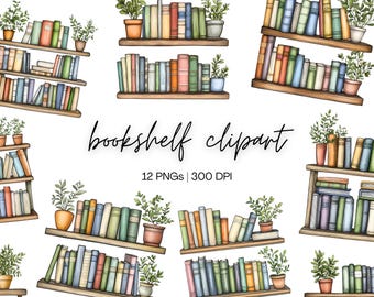 Bookshelf Clipart Bundle | Watercolor Bookshelf Clipart, Bookworm Clipart, Library Clipart, Bookshelf Watercolor, Digital Download