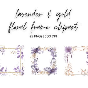 Puede incluir: Conjunto de 22 imágenes de clipart digitales con marcos dorados decorados con elementos florales de lavanda y oro. Los marcos son perfectos para agregar un toque de elegancia a tus diseños.