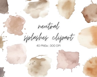 Neutral Watercolor Splatter Clipart | Watercolor Splashes, Paint Splash Clipart, Paint Splatter PNG, Neutral Watercolor, Digital Download