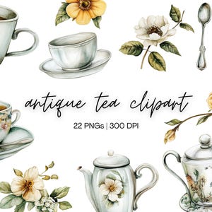 Antique Tea Time Clipart Bundle | Tea Party Clipart, Watercolor Clipart, Vintage Tea Cup PNG, Digital Download
